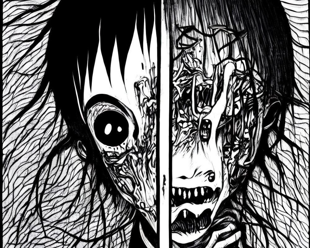 Split-face black-and-white illustration with normal and grotesque sides.