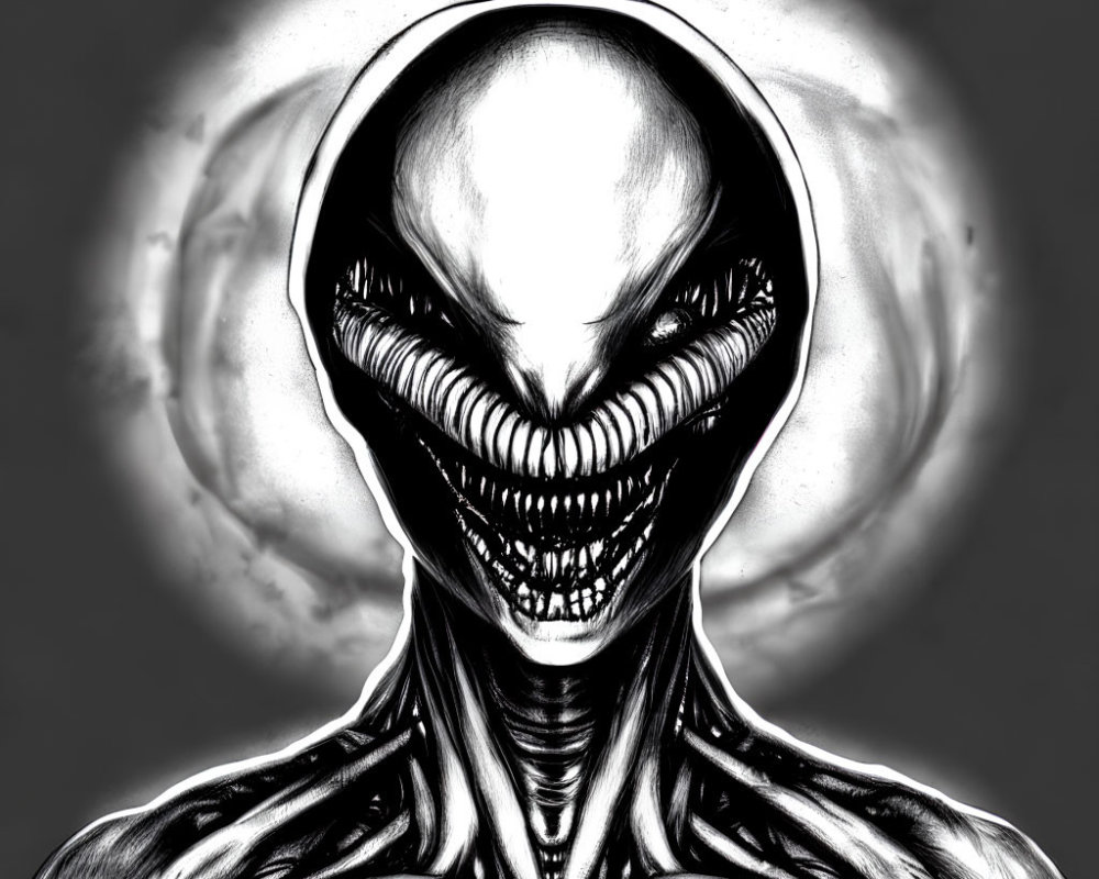 Sinister alien with elongated head and sharp teeth in monochromatic digital art