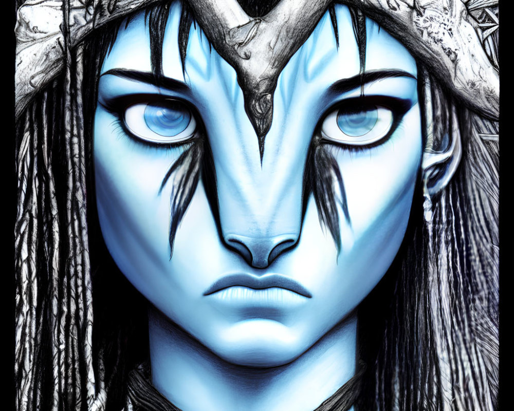 Detailed close-up of character with blue skin, yellow eyes, and branch crown.