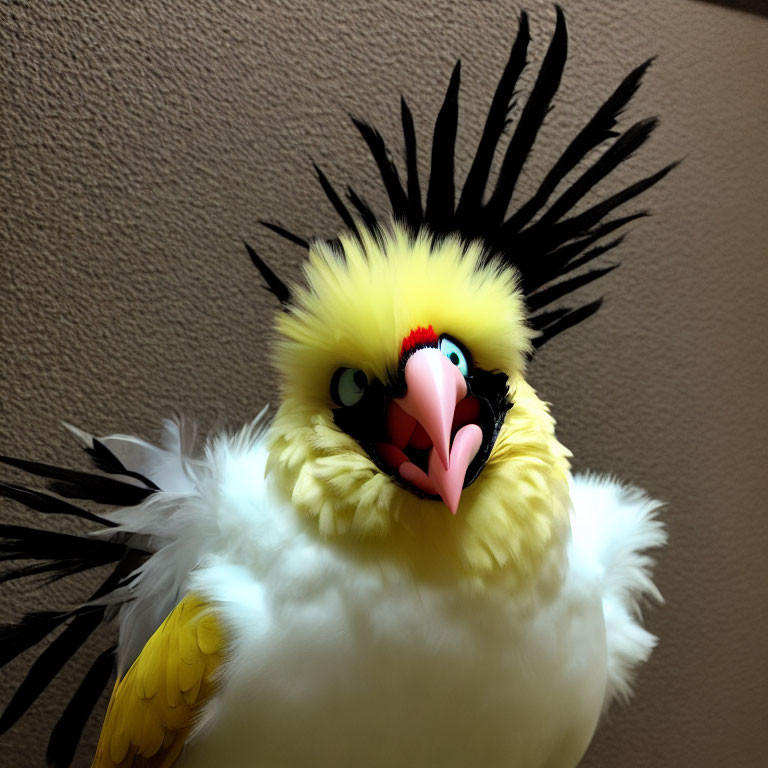 Yellow and White Cockatiel with Crest on Beige Wall - Curious Look