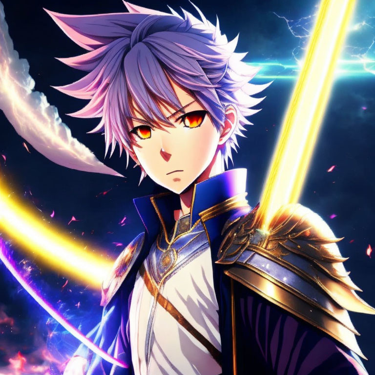 Anime-style character with silver hair and amber eyes wielding a glowing yellow sword in a dramatic night sky with