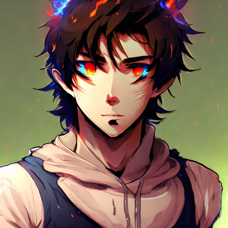 Young man with intense red eyes and dark hair in hoodie with glowing accents.