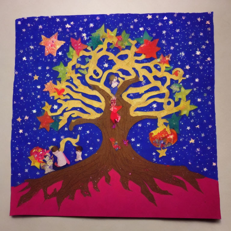 Handmade craft: Tree with colorful stars, figures, and patterns on bright pink background