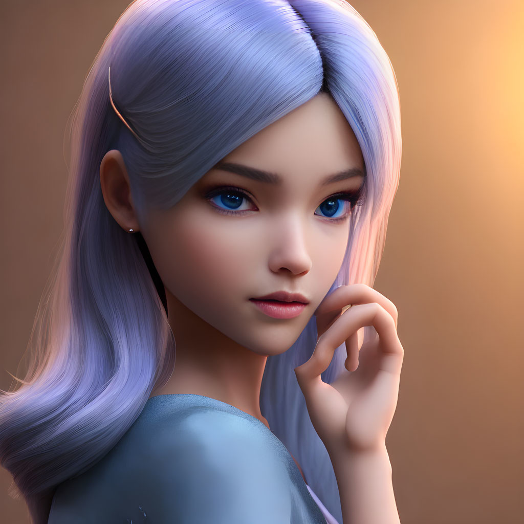 Digital illustration: Young woman with large blue eyes and long pastel purple hair in thoughtful pose