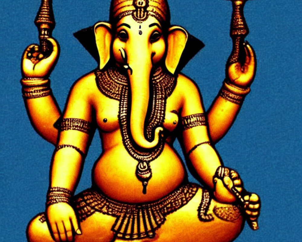 Illustration of Hindu deity Ganesha with elephant head and four arms on blue background