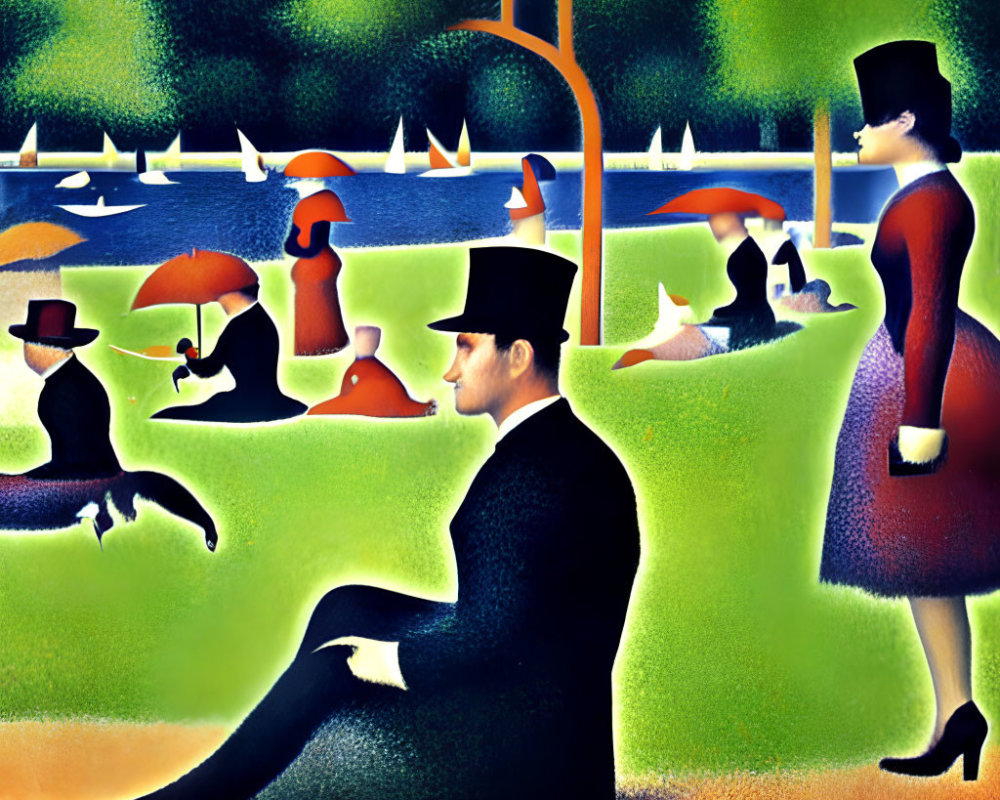 Colorful surreal painting of elegant figures with oversized heads in a stylized park, featuring abstract shapes and
