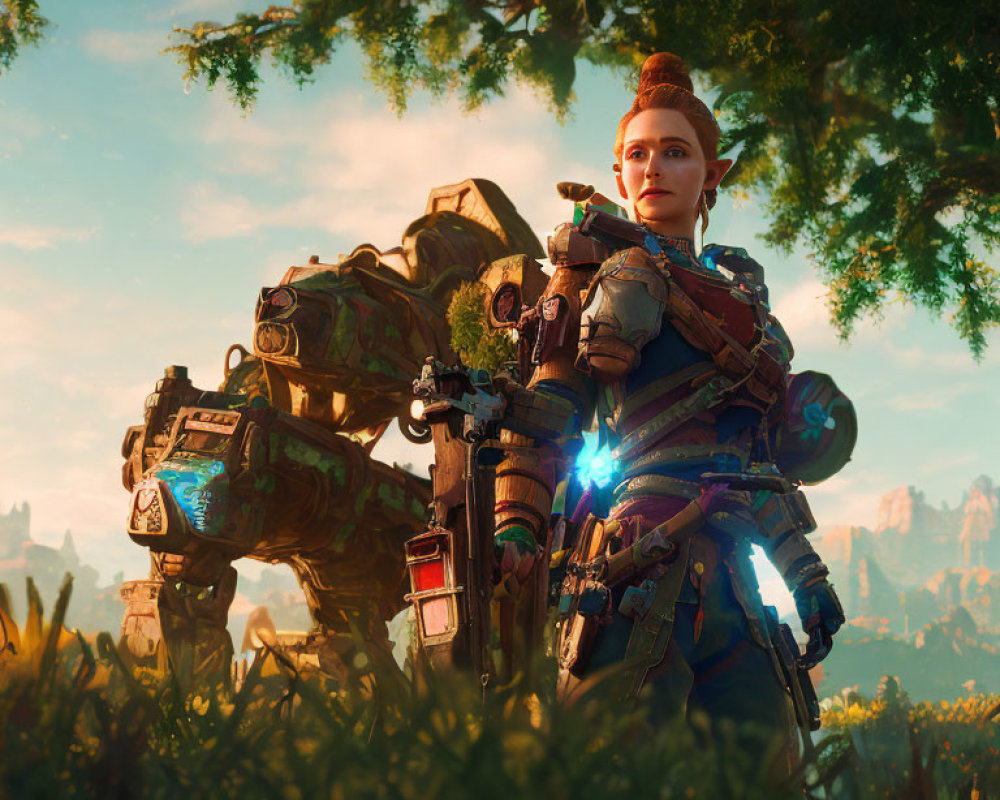 Woman with braid and robot in lush forest setting with futuristic gear