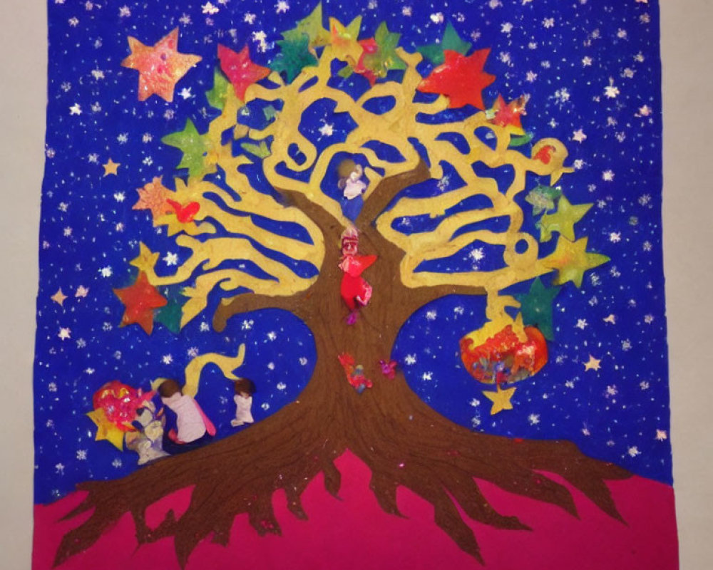 Handmade craft: Tree with colorful stars, figures, and patterns on bright pink background