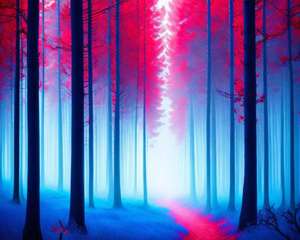 Vibrant path in mystical forest with blue fog and glowing red leaves