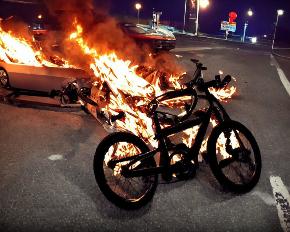 Bicycle on empty street with burning car at night