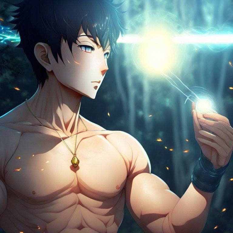 Dark-haired anime character holds glowing orb in mystical forest setting