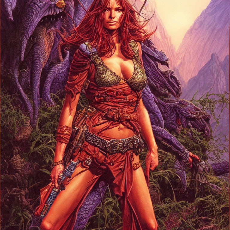 Red-haired warrior woman in fantasy armor with sword and dragon in background