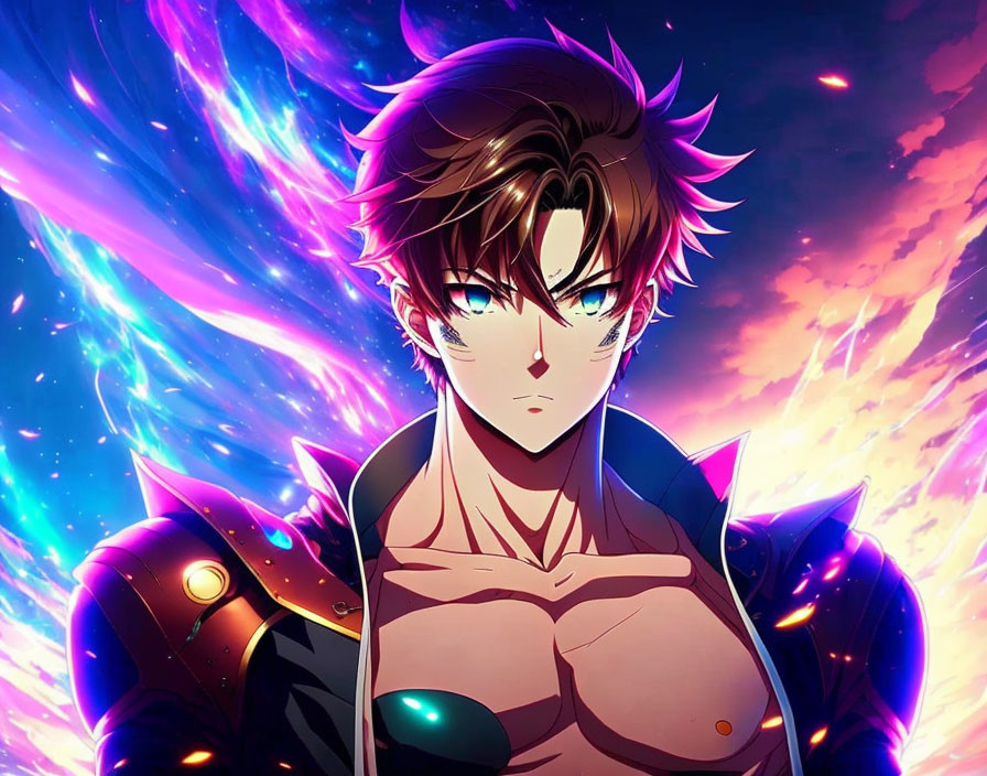 Spiky-Haired Anime Character in Cosmic Setting