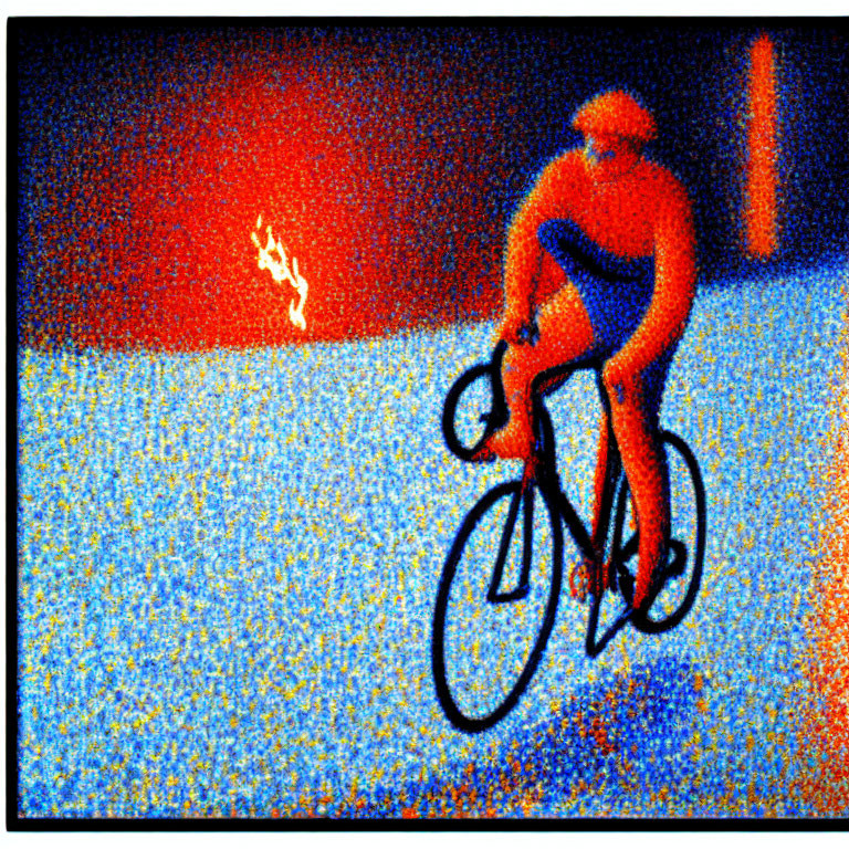 Pixelated image of person cycling on blue surface with red sky