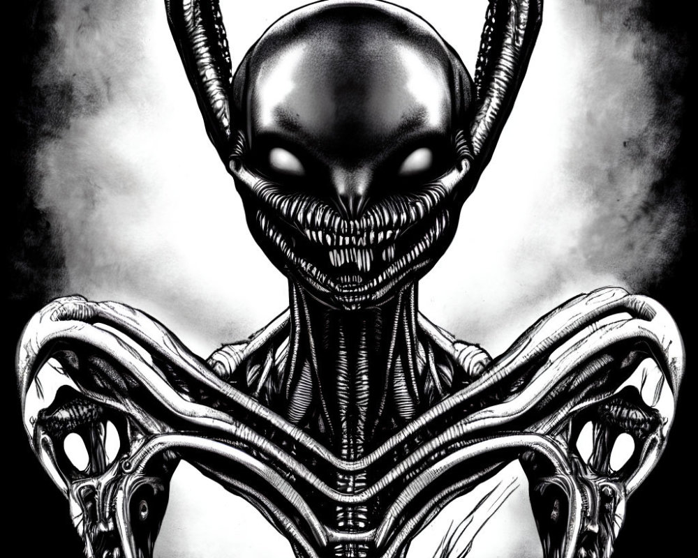 Monochrome illustration of alien with elongated head and biomechanical body