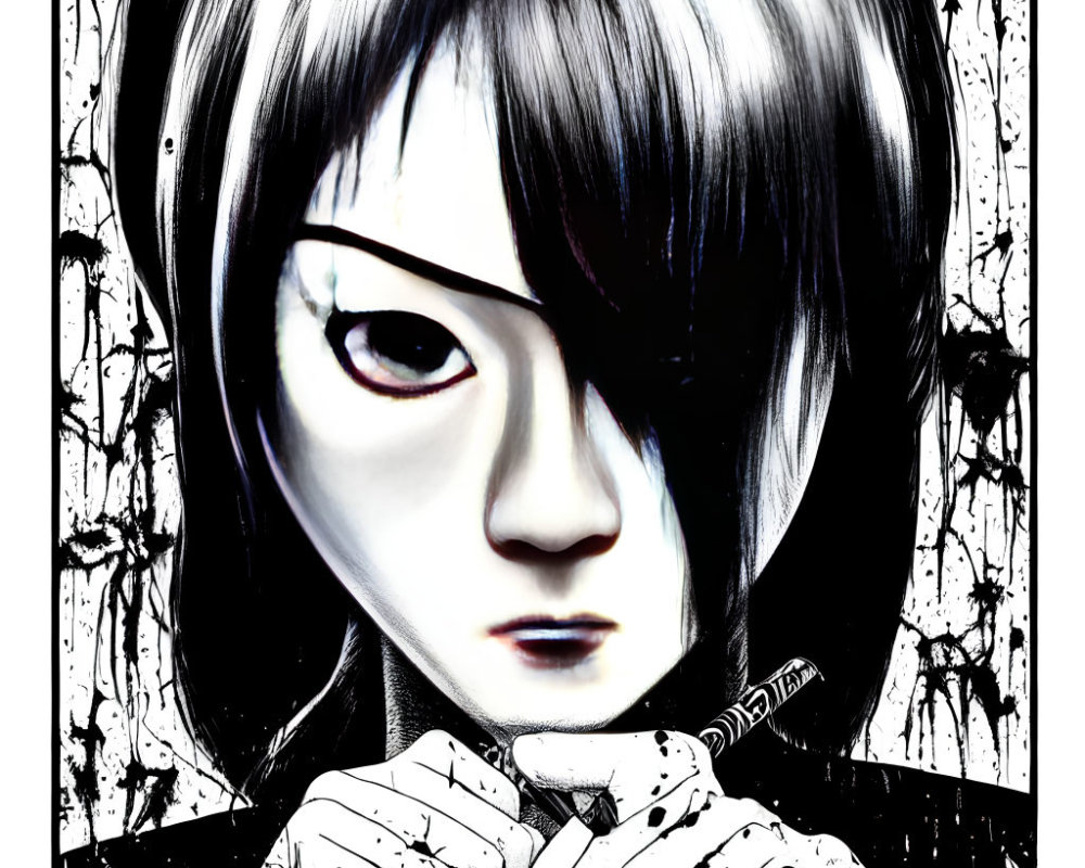 Monochrome illustration of a person with striking eyes and ink effects