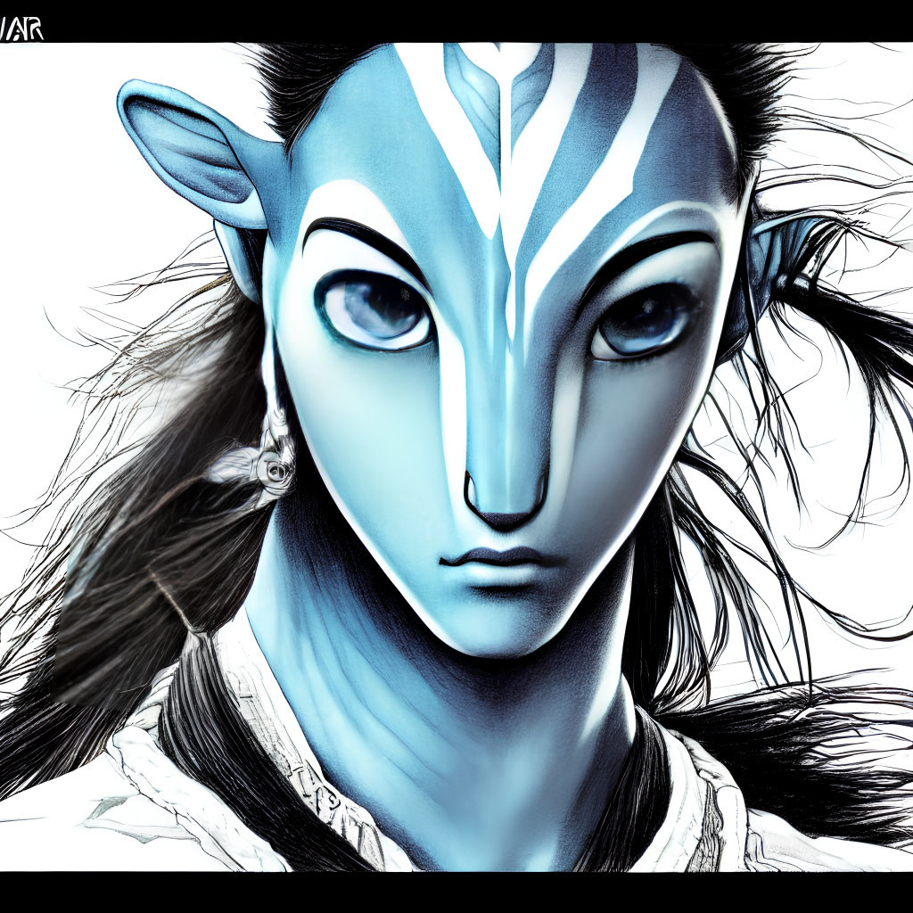 Detailed illustration of character with blue skin, large expressive eyes, pointed ears, and tribal white markings.