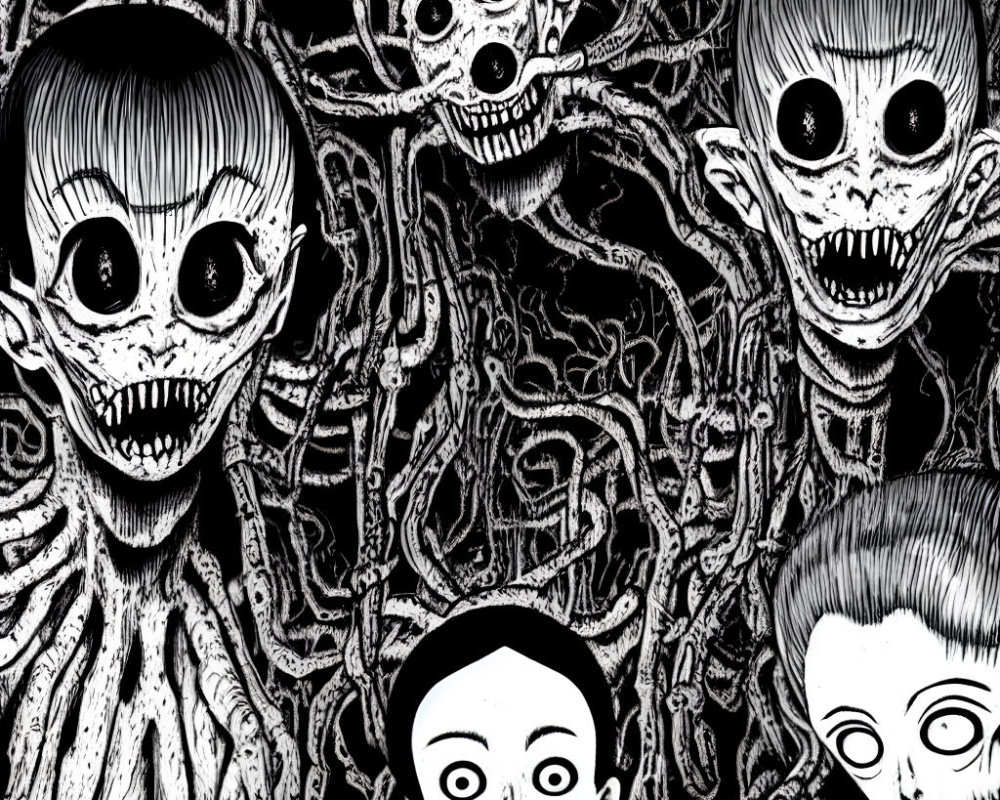 Monochrome illustration of exaggerated, grotesque characters with large eyes and mouths intertwined with root-like patterns