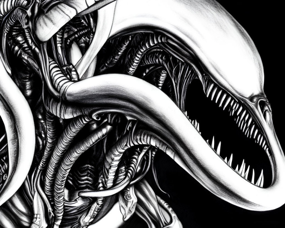 Detailed black and white drawing of Xenomorph Alien with elongated head and sharp teeth