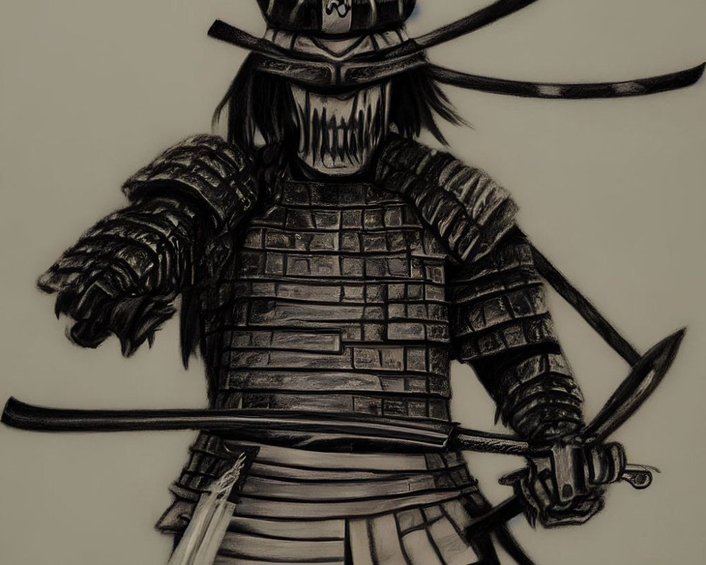 Monochromatic samurai drawing in traditional armor with sword and kanji signature