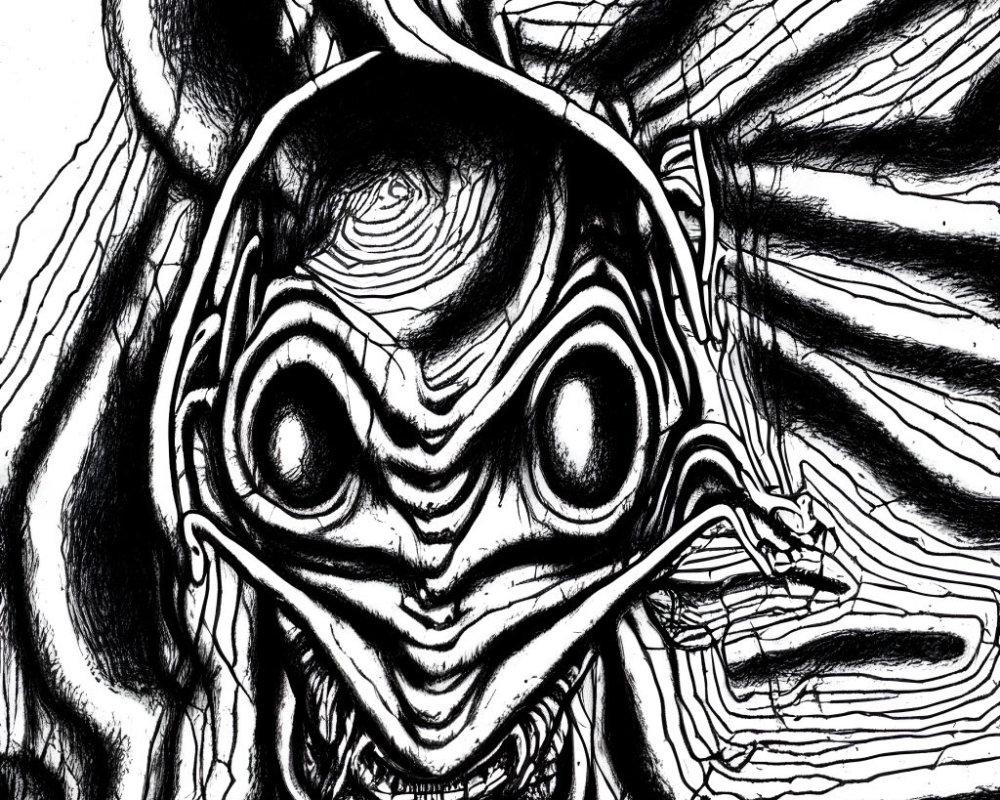 Monochrome sketch of stylized alien with swirling abstract patterns