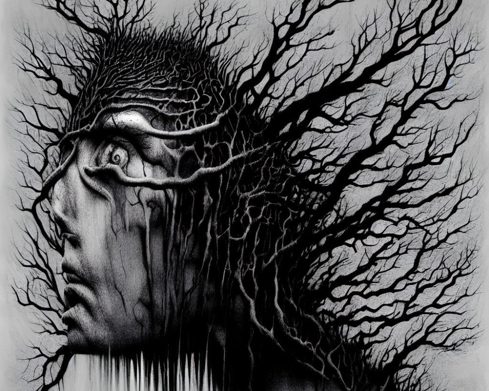 Monochrome artwork of human profile merging with tree branches