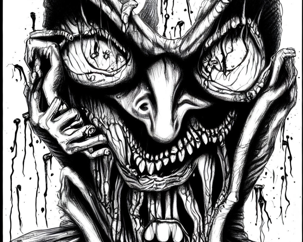 Detailed monochrome sketch of a grotesque creature with exaggerated facial features and multiple eyes on a dripping background