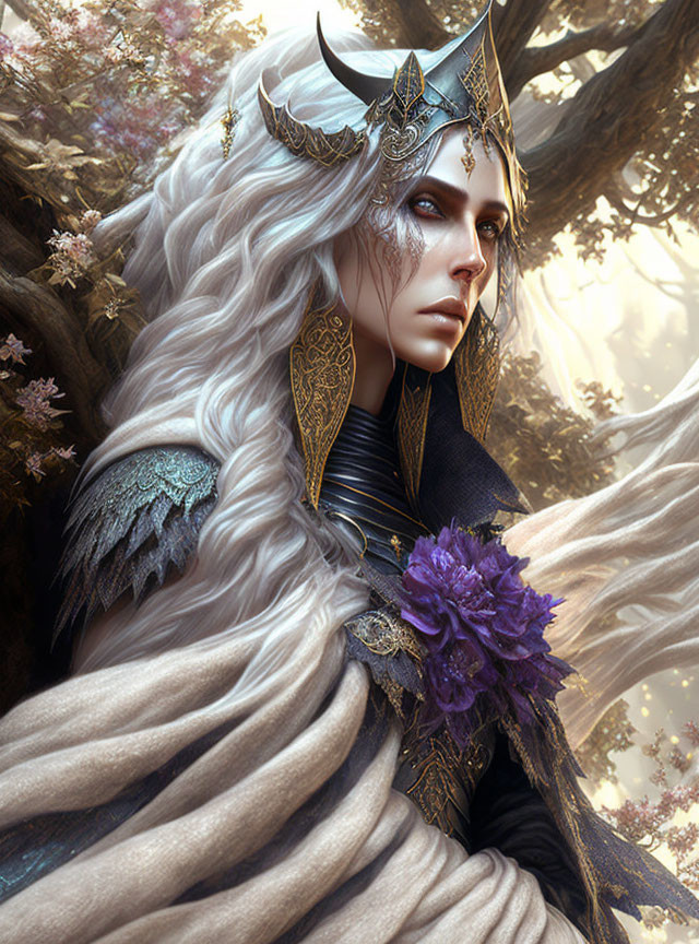 Ethereal figure with long silver hair and golden crown in forest scene