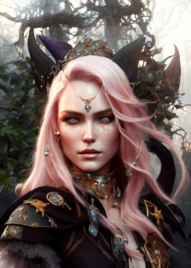 Fantasy portrait of woman with pink hair, blue eyes, golden crown, jewelry, cat-like ears