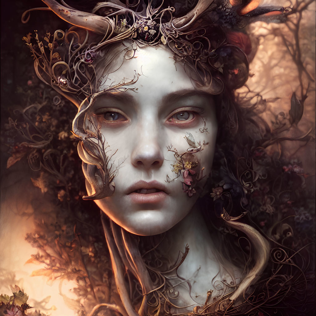 Mystical female figure with antlers and foliage in hair against warm background