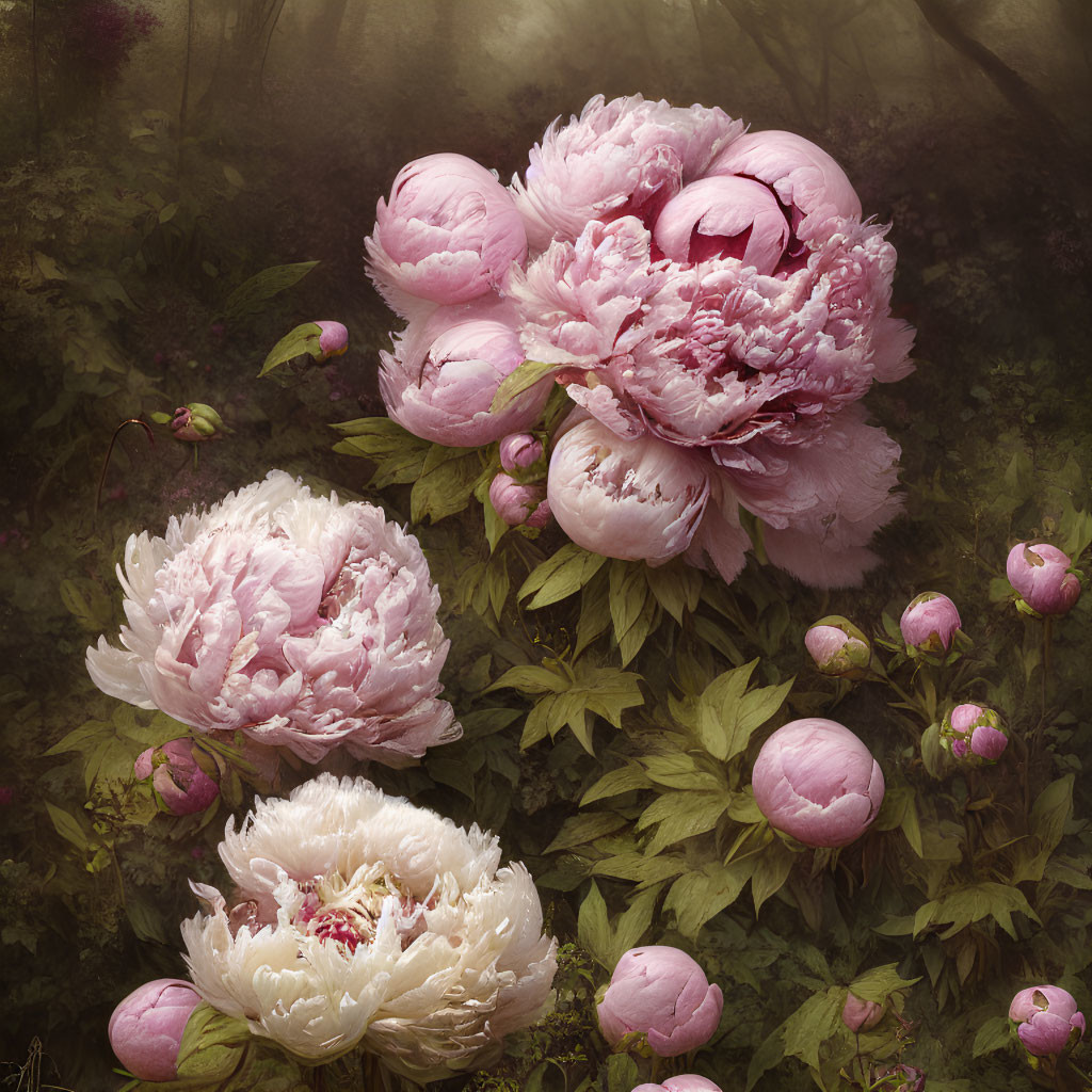 Pink Peonies in Full Bloom with Buds and Foliage in Ethereal Forest Setting