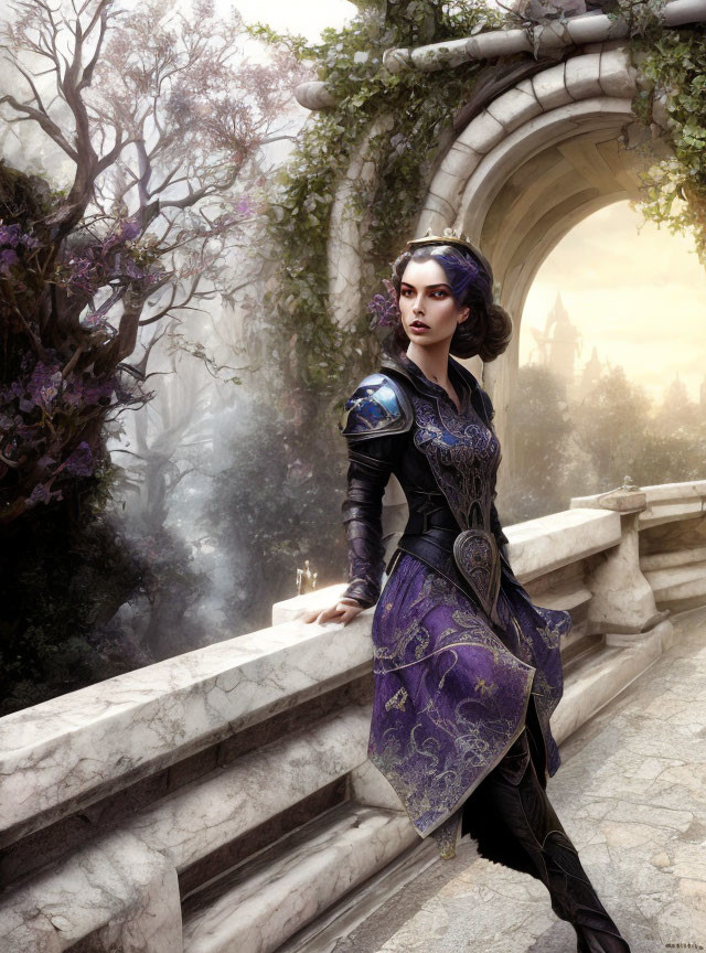 Purple-haired woman in fantasy armor on stone bridge with castle & greenery