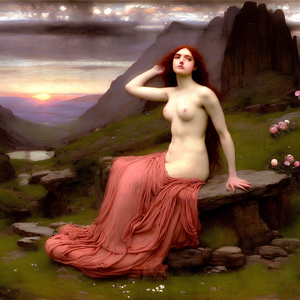 Red-haired woman on rock with red cloth, valley, sunset in background