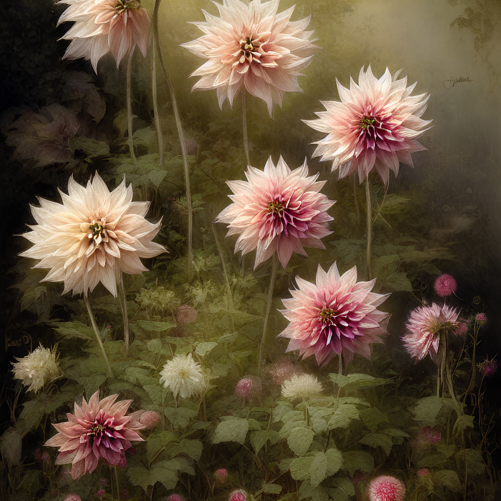 Pink and White Dahlias Blooming in Misty Green Background