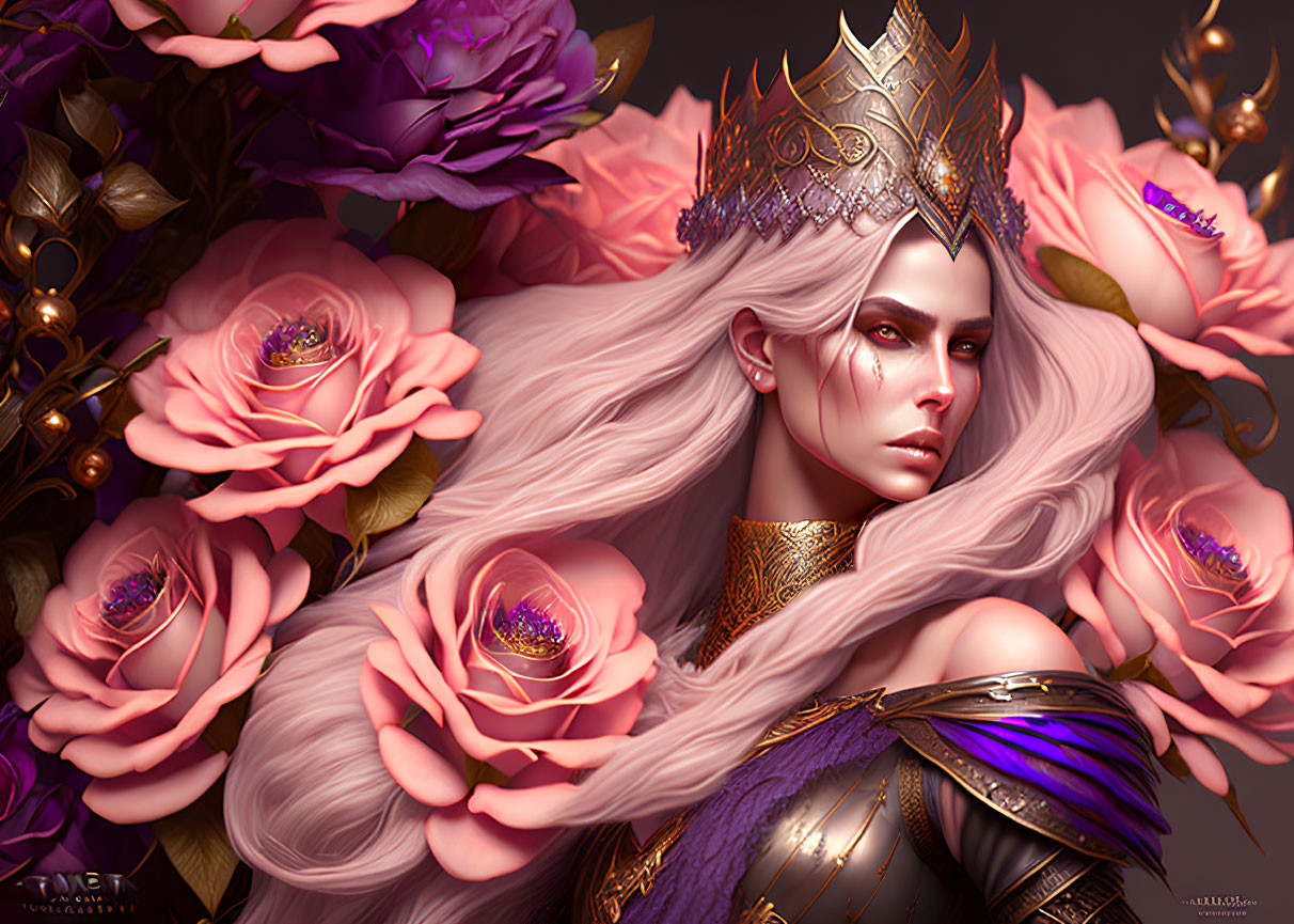 Fantasy queen digital artwork with white hair, crown, armor, and pink roses