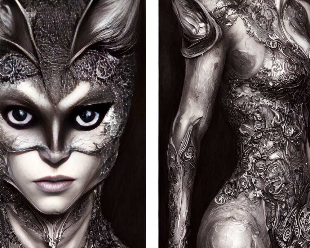 Split Image: Woman with Cat-Like Fantasy Mask & Metallic Floral Body Armor