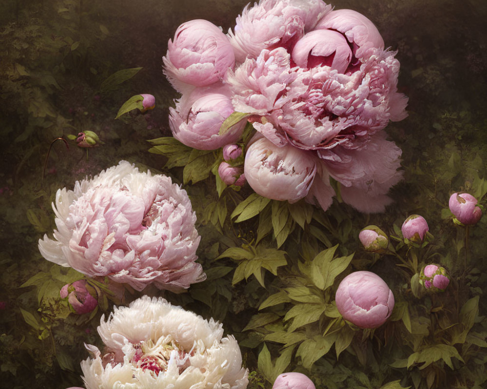 Pink Peonies in Full Bloom with Buds and Foliage in Ethereal Forest Setting