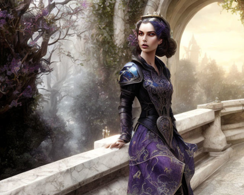 Purple-haired woman in fantasy armor on stone bridge with castle & greenery