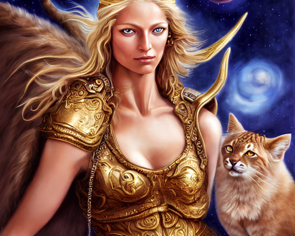 Regal woman in golden armor with lynx in cosmic setting