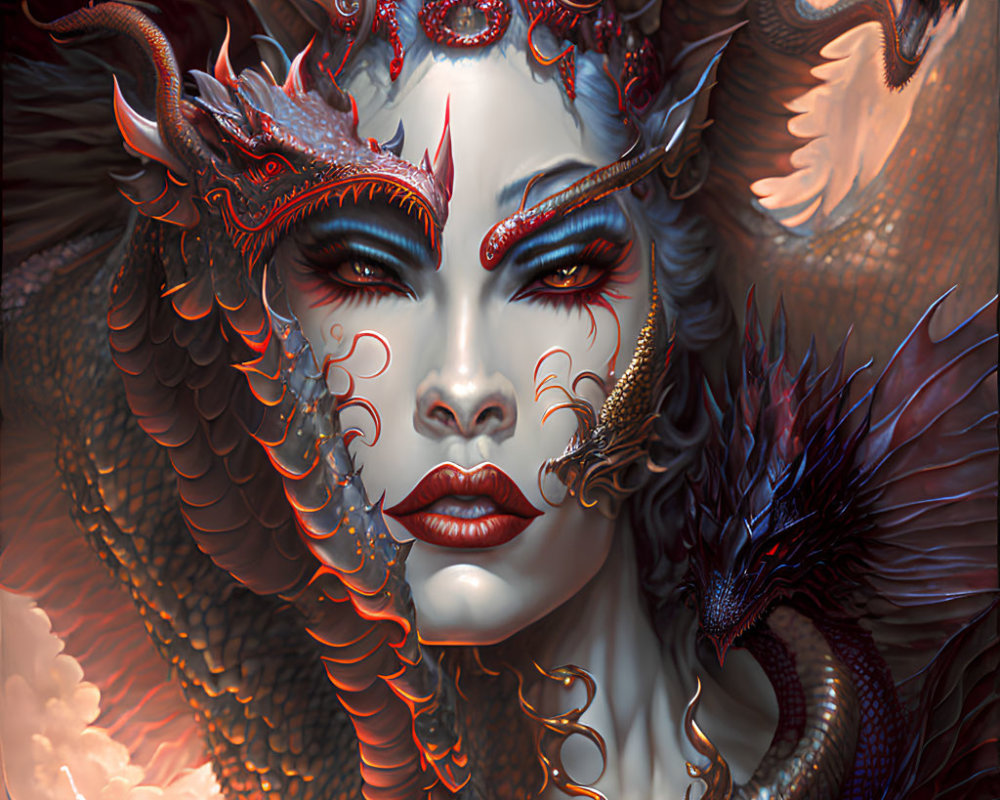 Fantasy illustration of a woman with dragon-like features and two fierce dragons