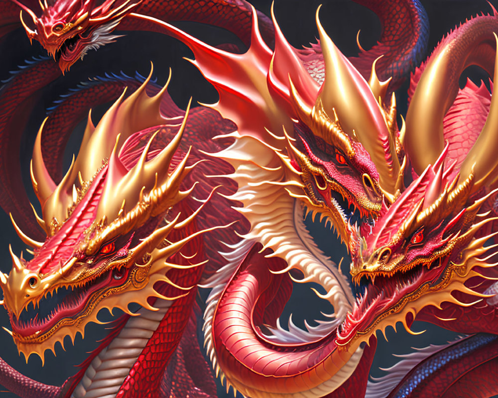 Vibrant red dragons with golden accents and intricate scales