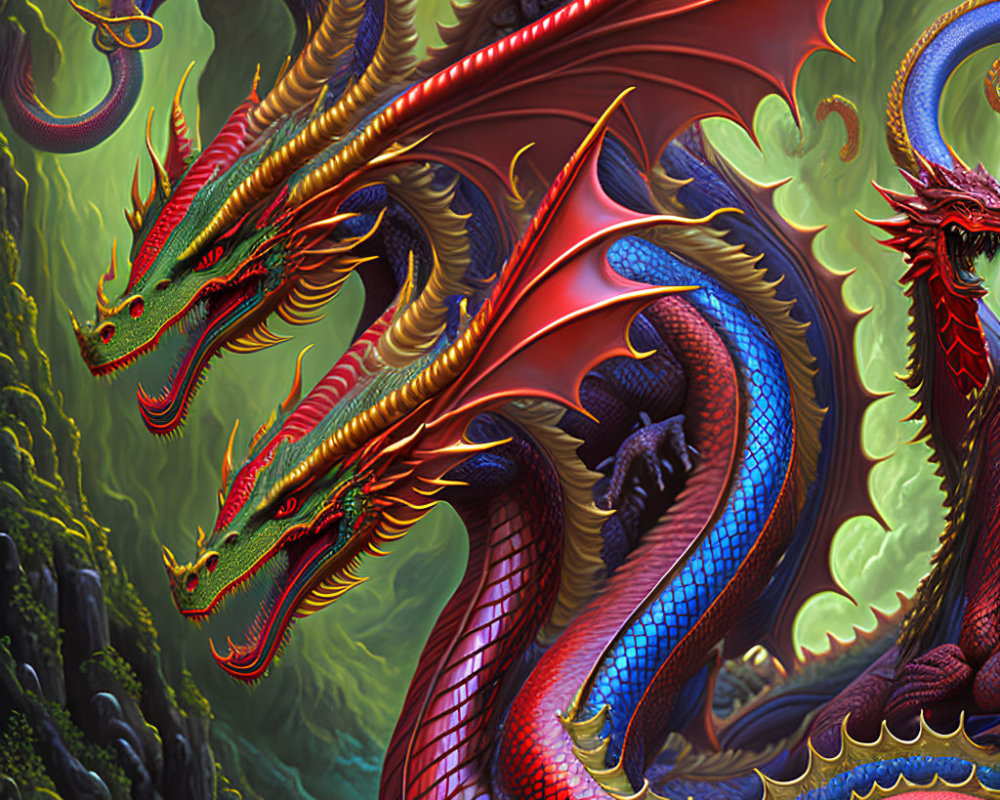 Colorful Dragon Trio Artwork on Verdant Background