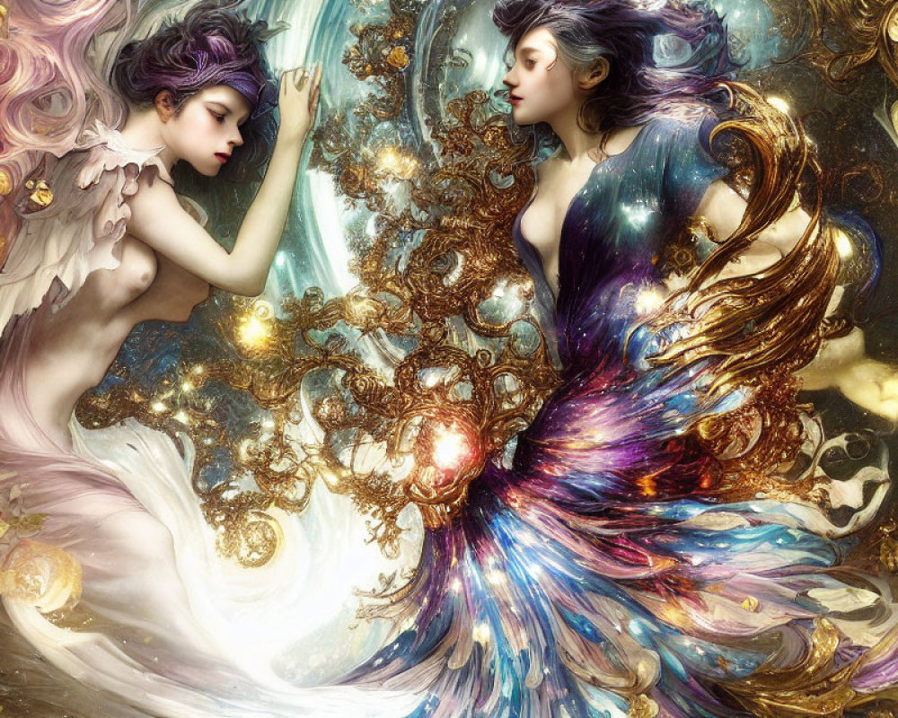 Ethereal women in celestial dresses with cosmic backdrop