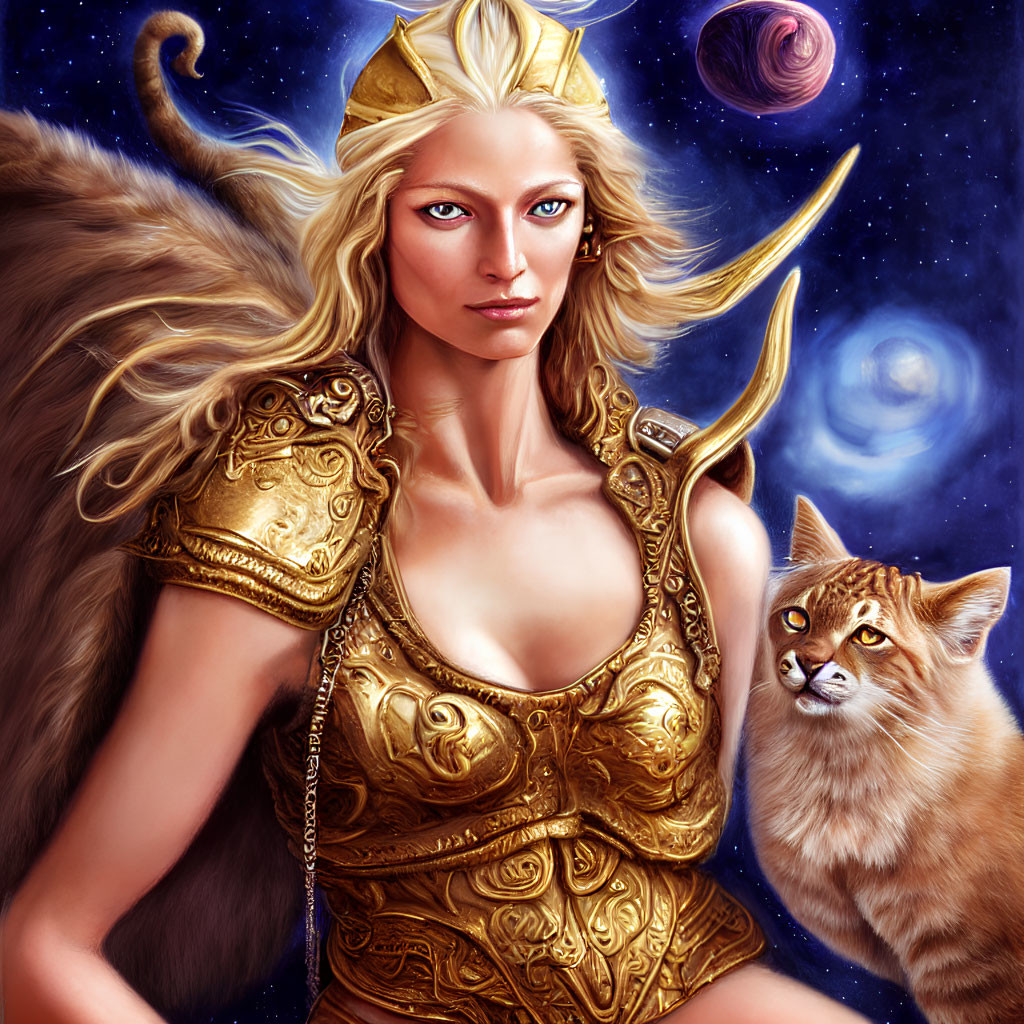 Regal woman in golden armor with lynx in cosmic setting