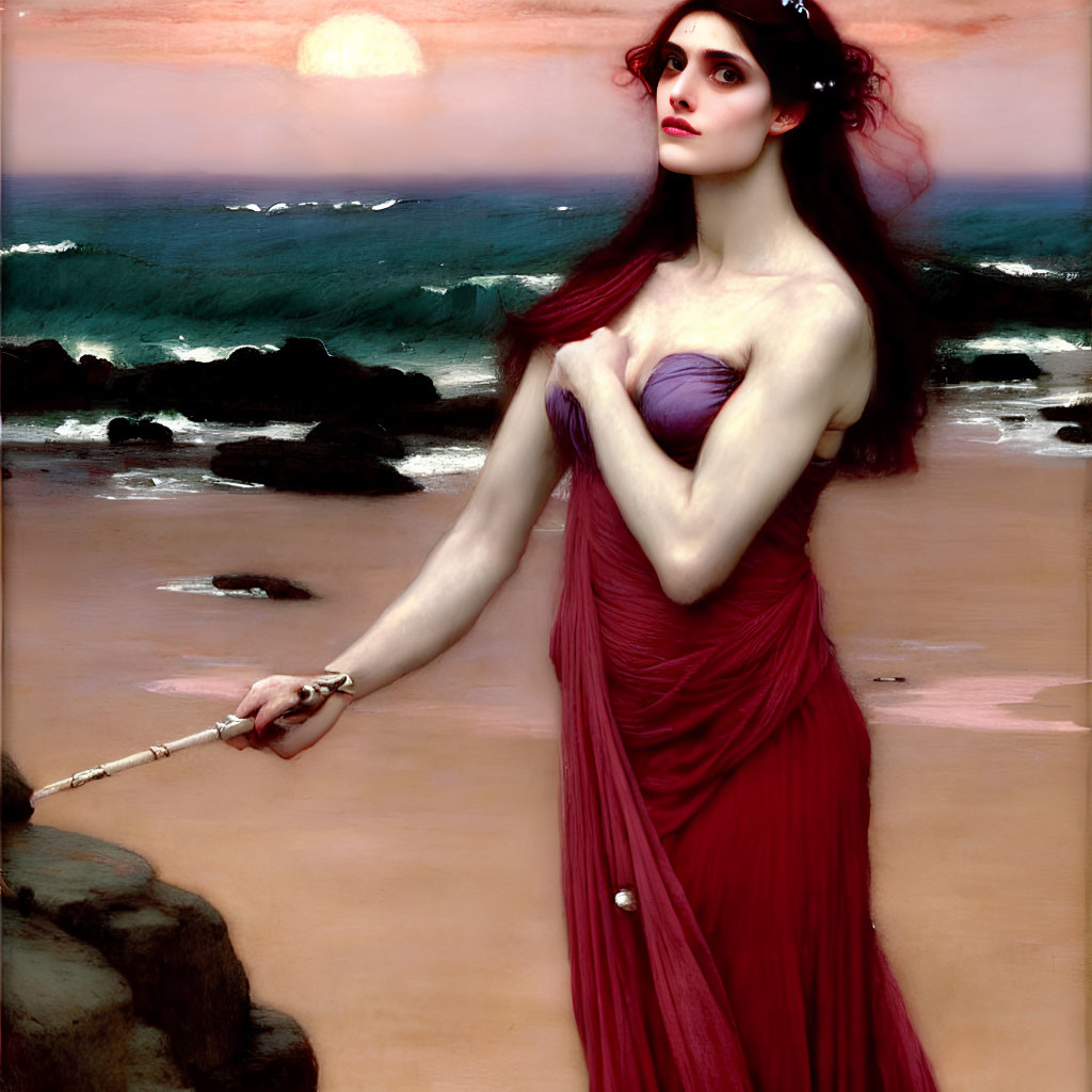 Woman in flowing red dress with wand on beach at sunset