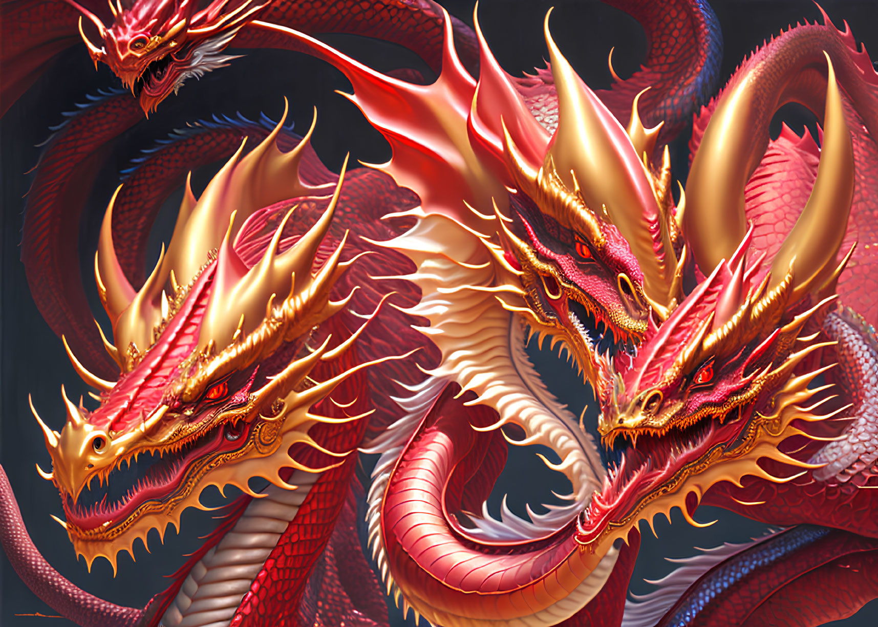 Vibrant red dragons with golden accents and intricate scales
