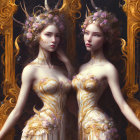 Ethereal women in floral crowns and golden nature dresses among intricate foliage patterns