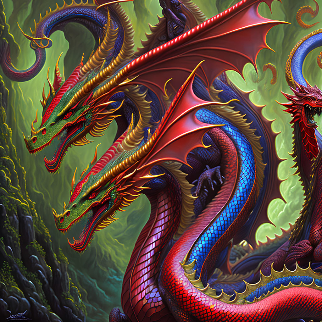 Colorful Dragon Trio Artwork on Verdant Background