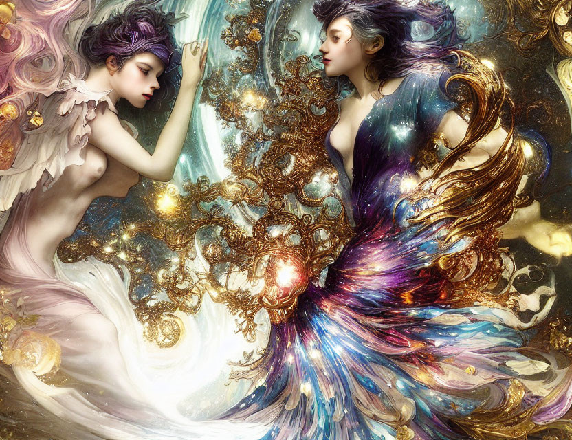 Ethereal women in celestial dresses with cosmic backdrop