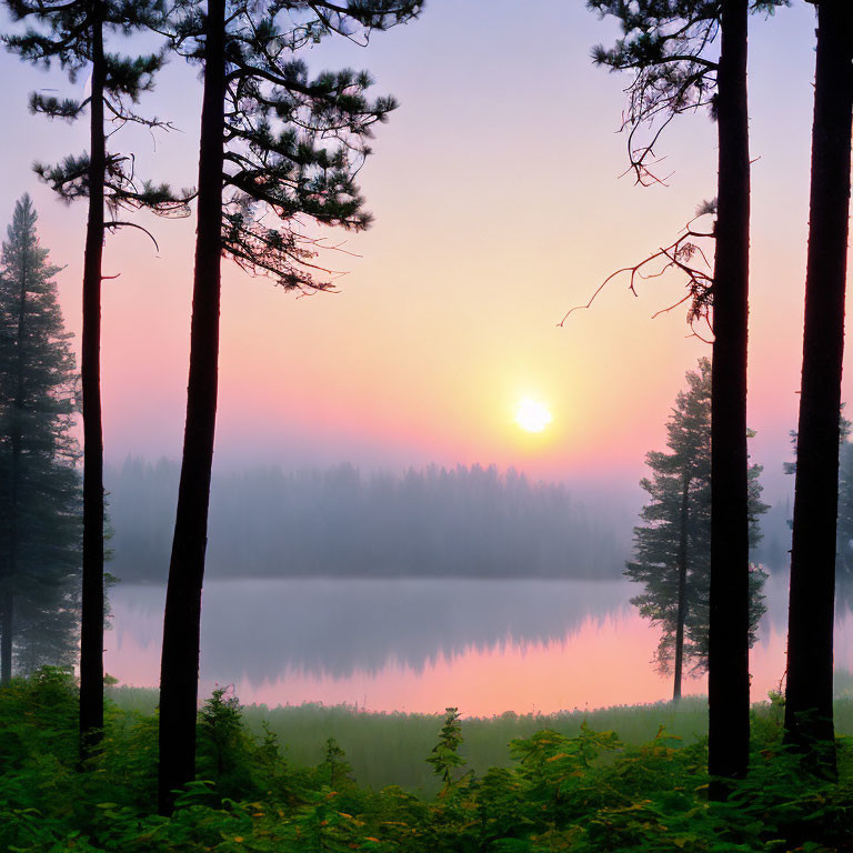 Tranquil Sunrise Scene with Pink and Orange Sky through Silhouetted Pine Trees